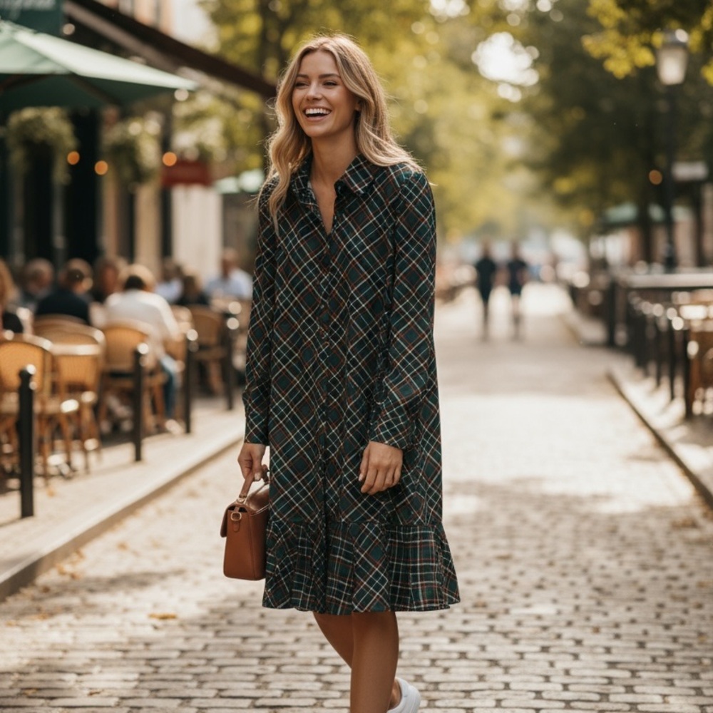 Cynthia Rowley Green and Red Plaid Long Sleeve Dress with Ruffle Accent